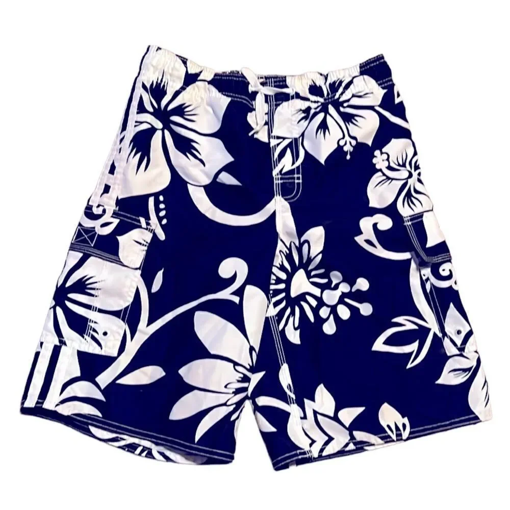 Old Navy Boys Large 10-12 Navy Blue & White Hibiscus Flowers Board Shorts Swim
